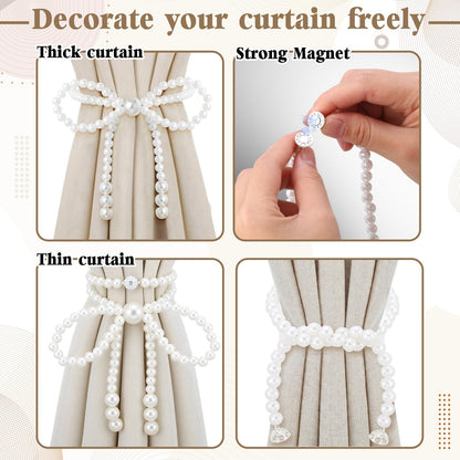Lewtemi 4 Pcs Pearl Bow Magnetic Curtain Tiebacks Decorative Curtain Holdbacks No Drill for Mother's Day Home Outdoor Bedroom Office (Bowknot)