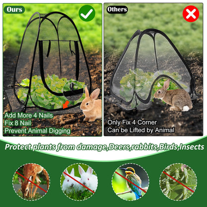 2pcs Pop Up Mesh Plant Protectors from Animals,Large Plant Netting Guard Cover with 8 Stake Crop Cage Fine Mesh Plant Tents for Protect Flower Tomato Vegetable from Deer Cat Bird Squirrel, 28x28x34 In