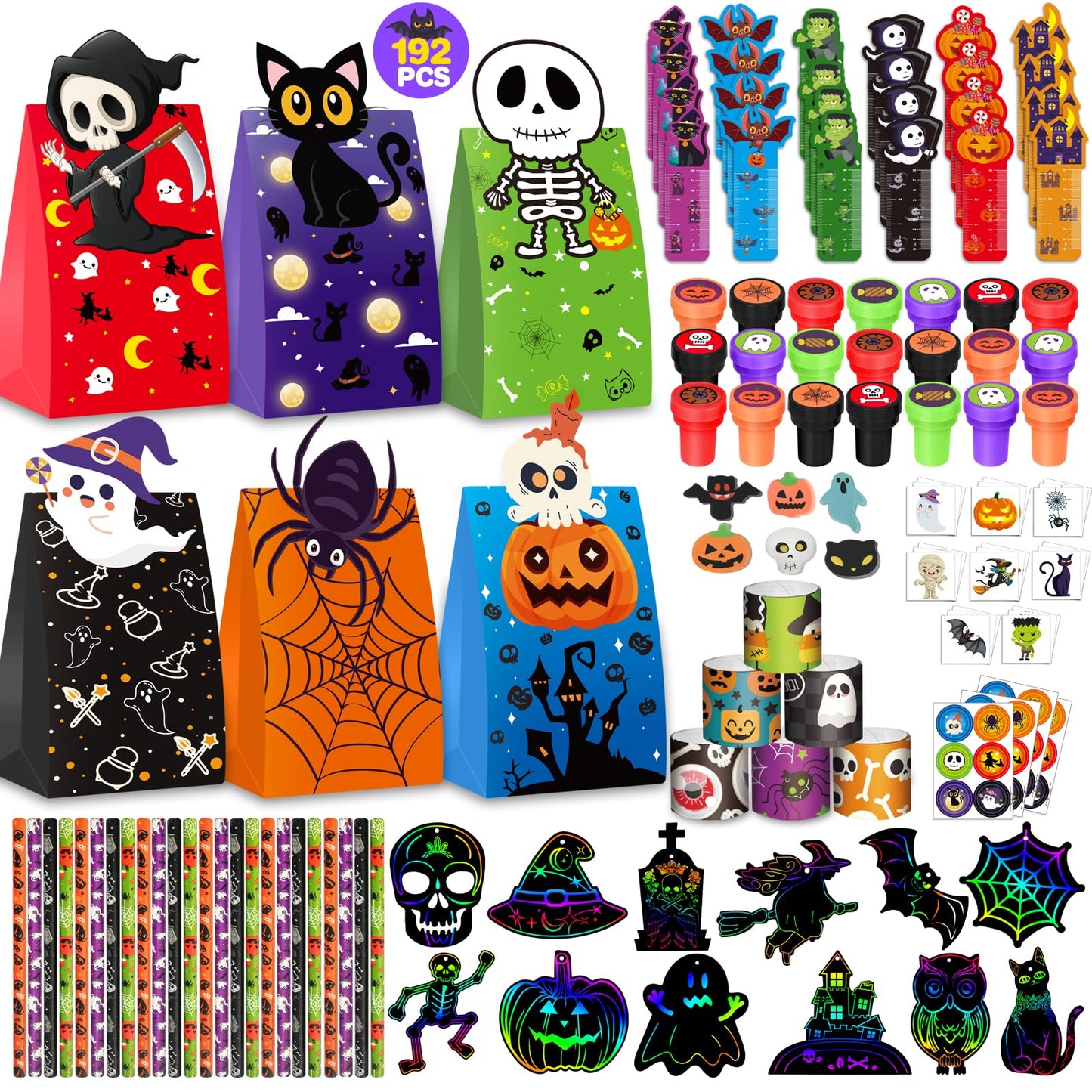 192PCS Halloween Party Favors Gift for Kids, 24 Pack Halloween Stationery Gift Set for Trick or Treat, Goody Bags Fillers Party Supplies for Classroom School Prizes with Erasers, Pencils, Rulers