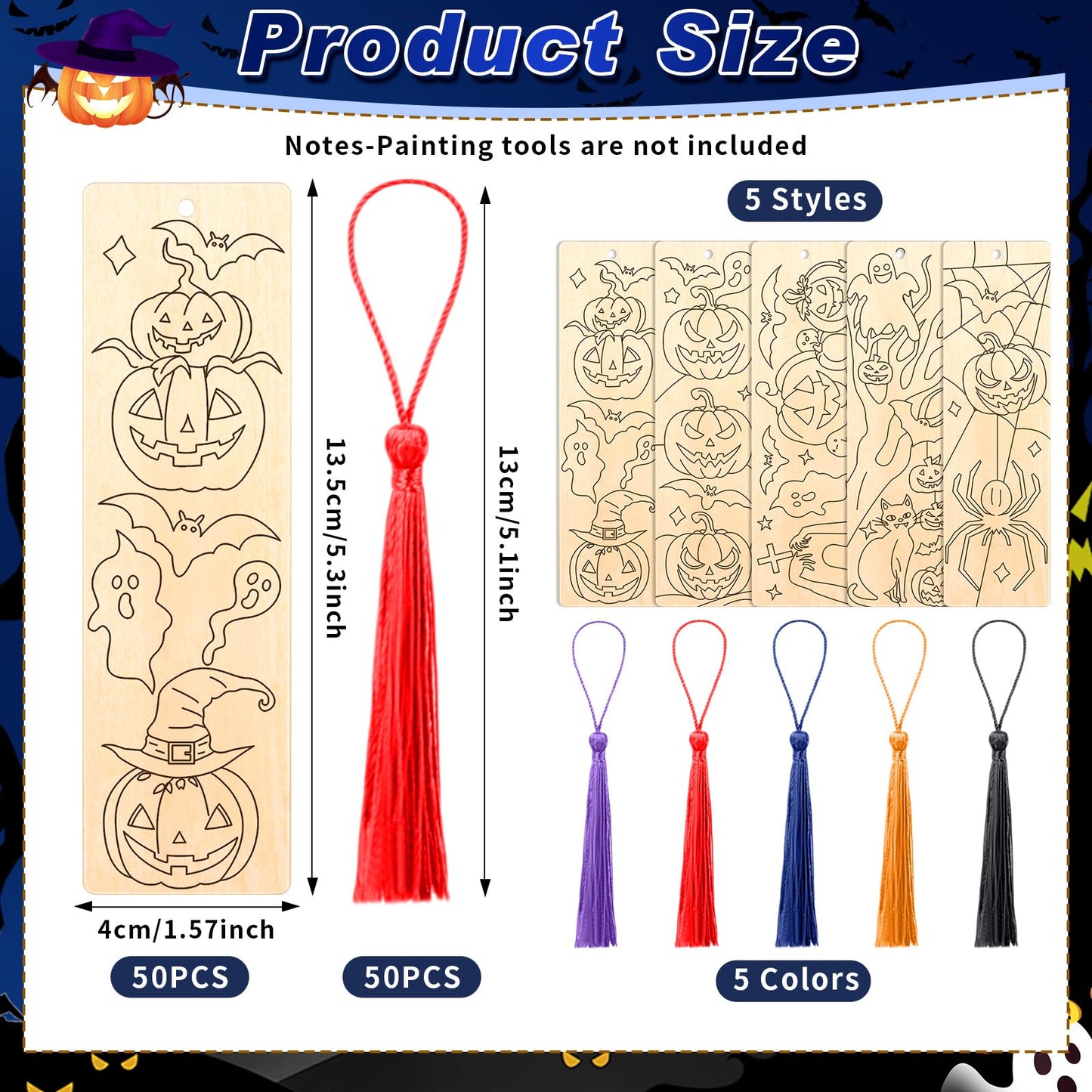 AmazingSpark 100 Pcs Wood Bookmarks Bulk DIY Crafts Kit, 50 Set Blank Coloring Bookmarks with Tassel for Classroom Gifts Exchange Activity Reading Party Favor Reward Goodie Fillers(Halloween)