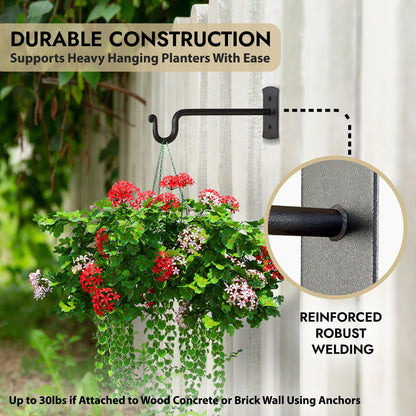 RTZEN Plant Hangers Outdoor or Indoor - Wrought Iron Metal Hanger Indoor Hook - Heavy Duty Wall Bracket Hooks for Hanging Plants Baskets Lanterns Wind Chimes - 2 Pack (Black Shepherds Hooks 7.5")