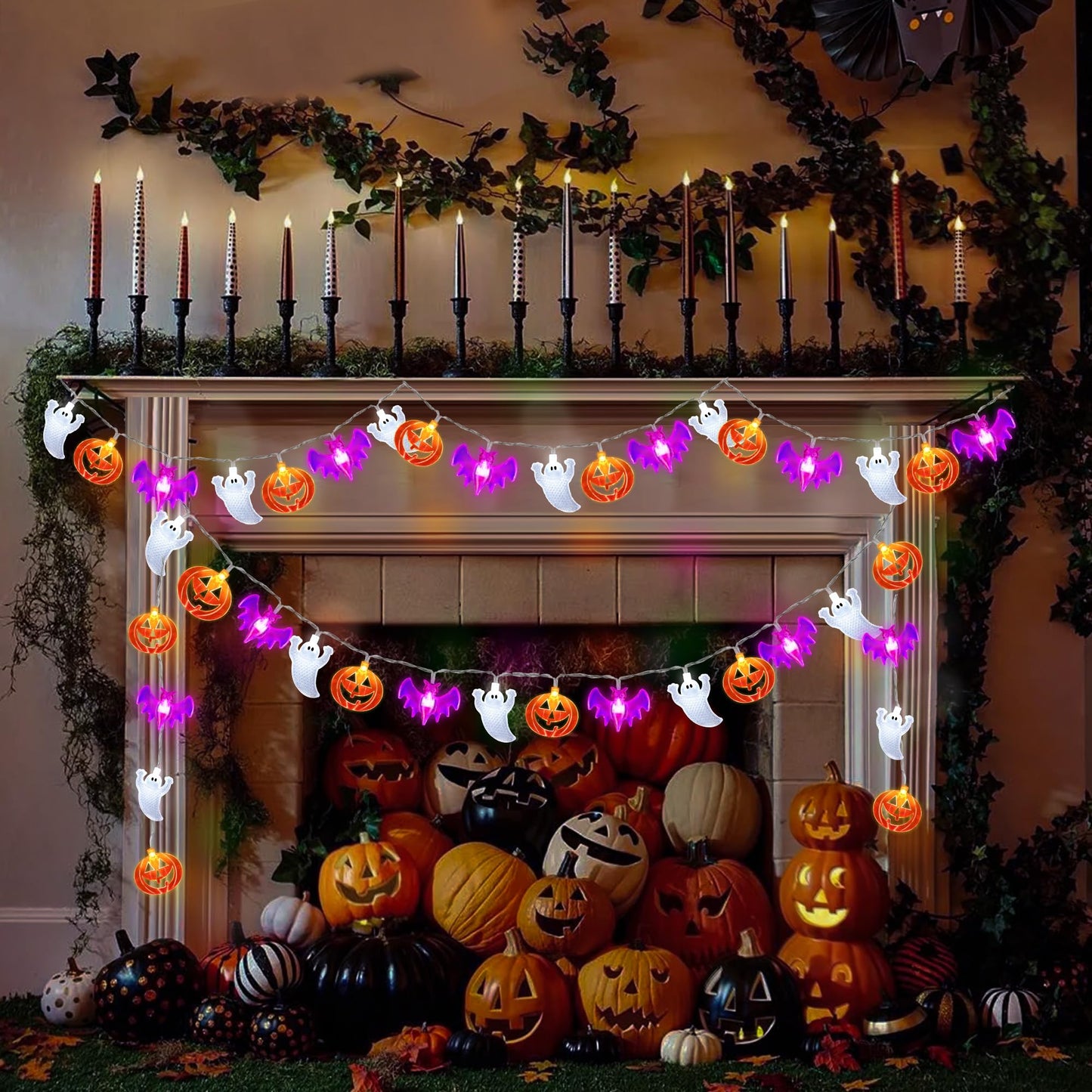 2 Pack Halloween Lights Indoor Outdoor Decorations Total 40FT 60 LED Pumpkin Bat Ghost Halloween String Lights Battery Operated, 8 Modes Waterproof Spooky Fairy Lights Home Yard Window Outside Decor