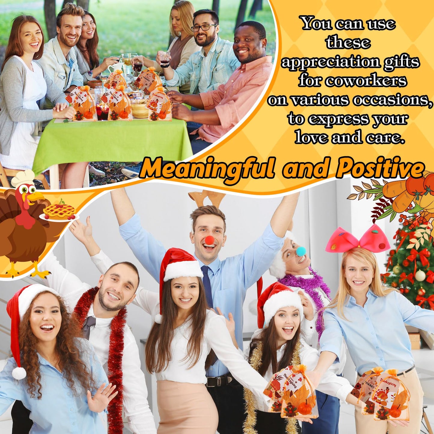 Halloscume 120 Pcs Thanksgiving Party Favor Decorations Fall Gifts, Include Mini Turkey Figurines Foam Pumpkin Maple Leaves Thanksgiving Cards with Orange Organza Bag for Harvest Home Table Decor
