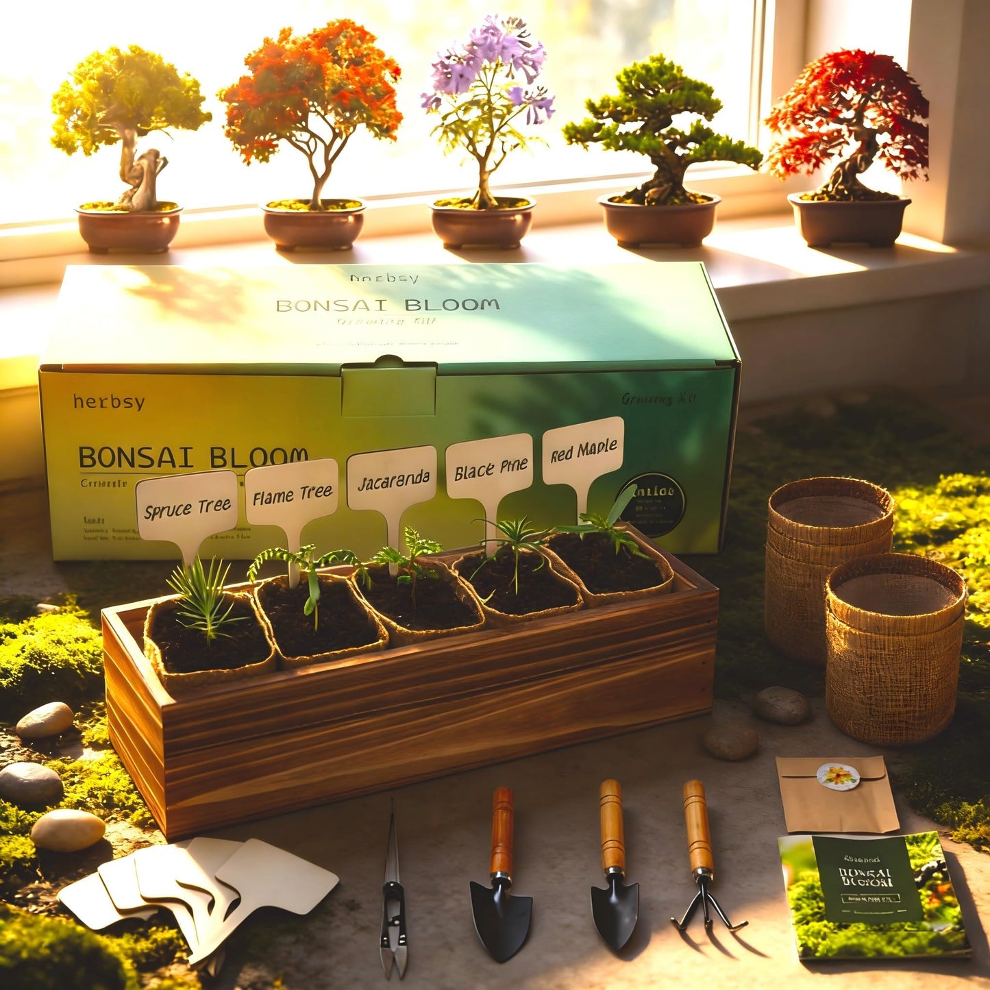 5 Pack Bonsai Tree Kit with Complete Tools, 5X Unique Seeds Bonzai Tree Live Kits, Complete Indoor Bonsai Starter Kit with Wooden Box, Perfect Christmas Garden Gift for Mom, Men, Women, Plant Lover