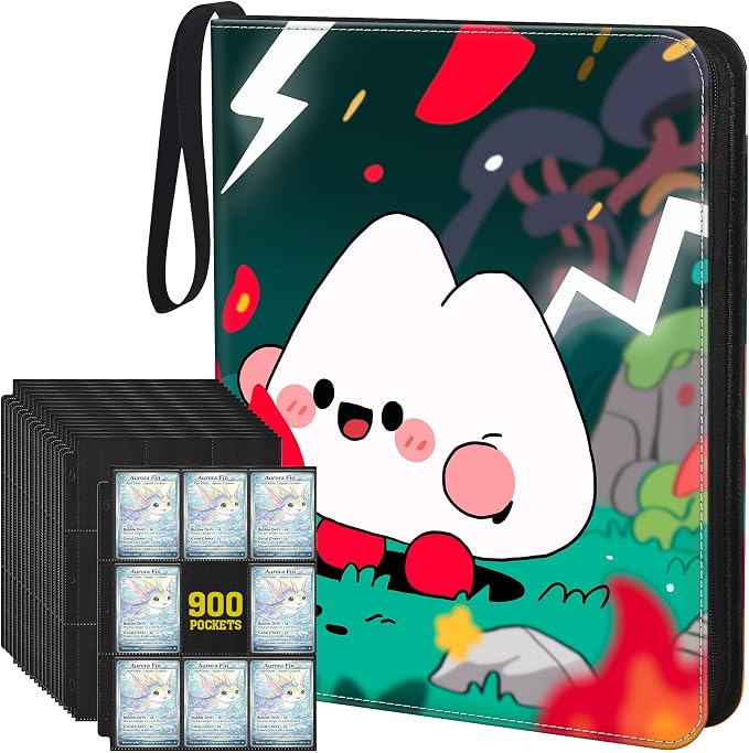 Trading Card Binder, 900 Pockets, 50 Sheets 9-Pocket, Refillable 3-Ring, Fits 2.5" x 3.5" Cards, Acid-Free PVC-Free Pages, Zip PU Cover with Strap, for TCG & Sports Cards – Campfire Design