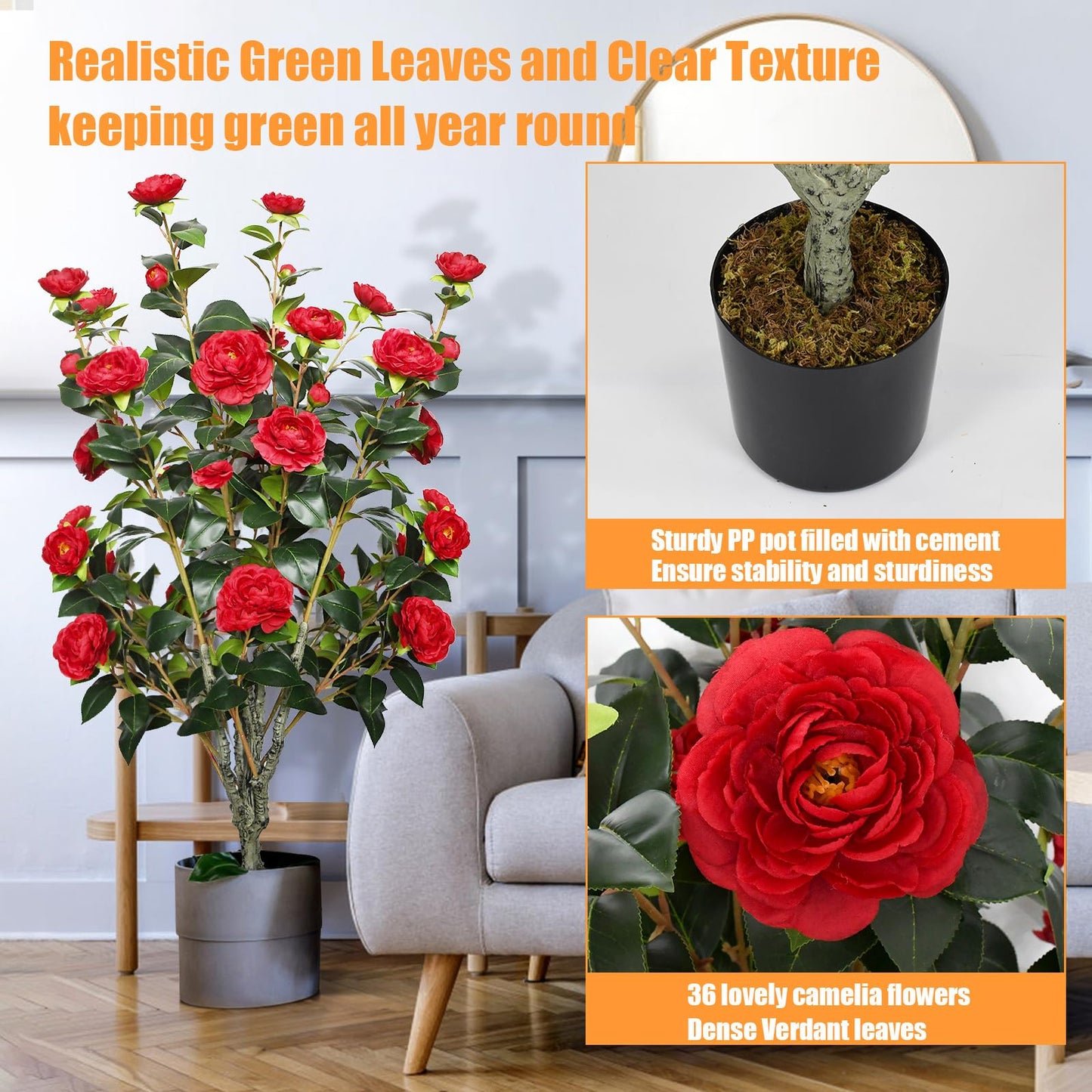 2 Pack Artificial Camellia Tree 42" Faux Floral Trees with 36 Red Blooming Flowers Tall Camellia Plant in Cement Pot with Dried Moss for Porch Front Door Office Shop Home Room