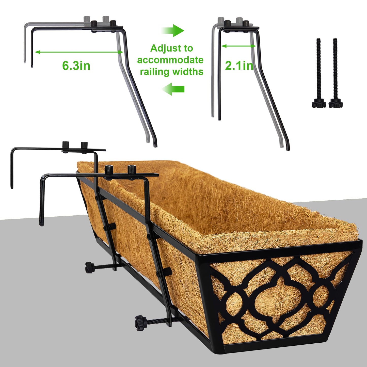 Y&M Deck Railing Planter Boxes, Adjustable Balcony Planter for Outdoor Plants, Metal Railing Planter Box for Deck, Fence and Porch, Window Boxes Outdoor, Sturdy Hanging Planter-24inch 2pcs