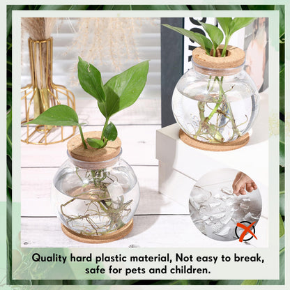 Baderke 12 Packs Propagation Vases for Plants Plastic Plant Propagation Station with Hole Lid and Cork Coasters Plant Growing in Water Hydroponic Home Office Table Decoration(Fish Bowl Style)