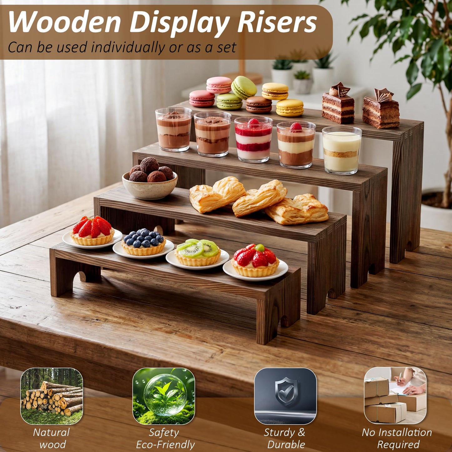 Nyamofly 2 Set Wooden Cupcake Stand for Decor, 4 Tiered Stackable Display Risers, Farmhouse Decor Wood Dessert Table Display Set for Party, Vendor Events, Dark Brown
