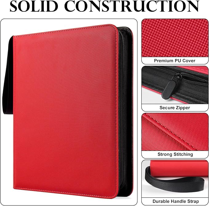 GEAoffice 12 Pocket Trading Card Binder for 720 Cards, Sturdy PU Cover Side Loading Zipper Card Collection Binder Album for MTG, TCG, Game & Sports Cards, Ringless, Non-PVC, Red