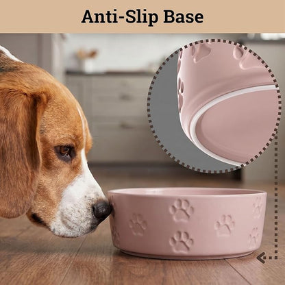 Ceramic Dog Bowl Set of 2 with Anti-Skid Base - 6.5" Wide x 2.5" Tall Ceramic Dog Bowls Medium Sized Dogs - 3.8 Cup Capacity Food and Water Bowls for Dogs - Rubber Bottom Pet Bowl Set of 2 Medium Size