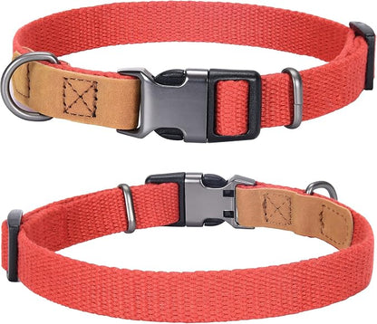 Mile High Life Genuine Leather Dog Collar, Soft Cotton Pet Collars with Heavy Metal Buckle for Small Large Dogs (Red, S Neck 11"-15")