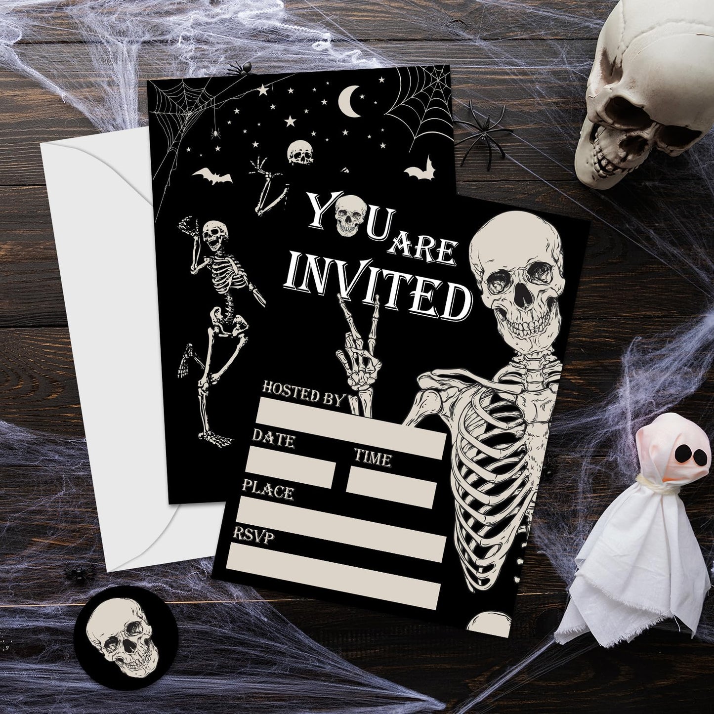 Whaline 25 Sets Halloween Invitations with Envelopes Stickers Black Dancing Skeleton Invitation Cards Blank Invites for Birthday Party Supplies, 5 x 7 Inch