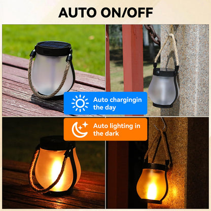 Solar Lanterns Outdoor Waterproof, 2 Pack Hanging Solar Lights for Outside, Flickering Flame Hanging Lanterns, Dual Charging USB/Solar Powered Outdoor Lanterns for Porch Yard Garden Patio Decor