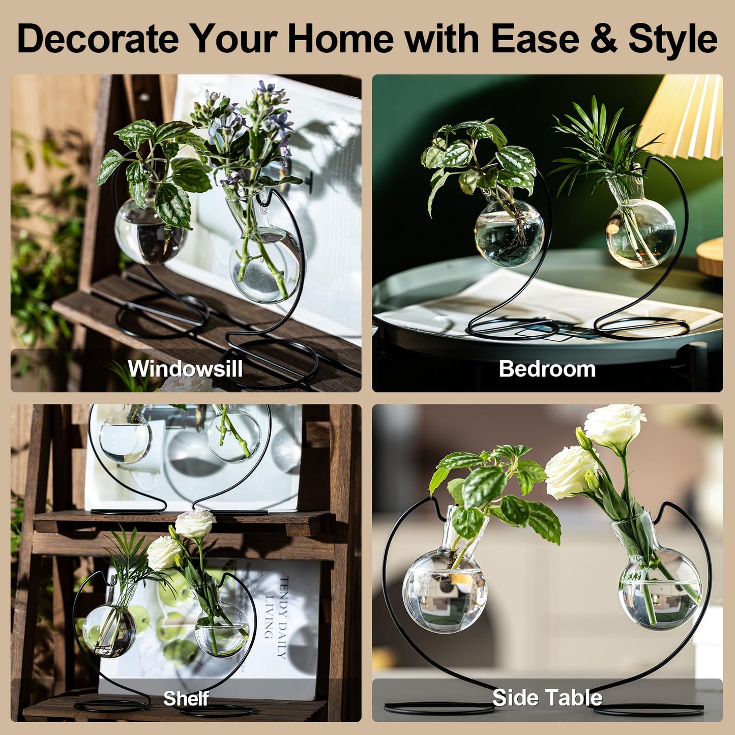 Desktop Glass Plant Propagation Station with Metal Stand, Tabletop Plant Terrarium,Hydroponics Vase for Propagating Hydroponic Office Garden Home Decor, for Weddings, Centerpieces (8)
