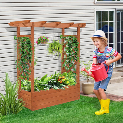 VINGLI 45-in Raised Garden Bed with Trellis & Hanging Roof, Wooden Elevated Planter Box with Drainage Holes for Outdoor Climbing Plants Vegetables Flowers, Patio Yard Balcony