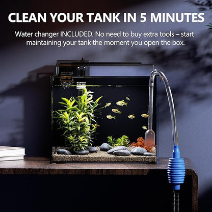 3 Gallon Fish Tank Aquarium Kit with Heater, HOB Filter, LED Light with Timer, Lid, Siphon Vacuum Cleaner, Self Cleaning Glass Rimless Betta Tank