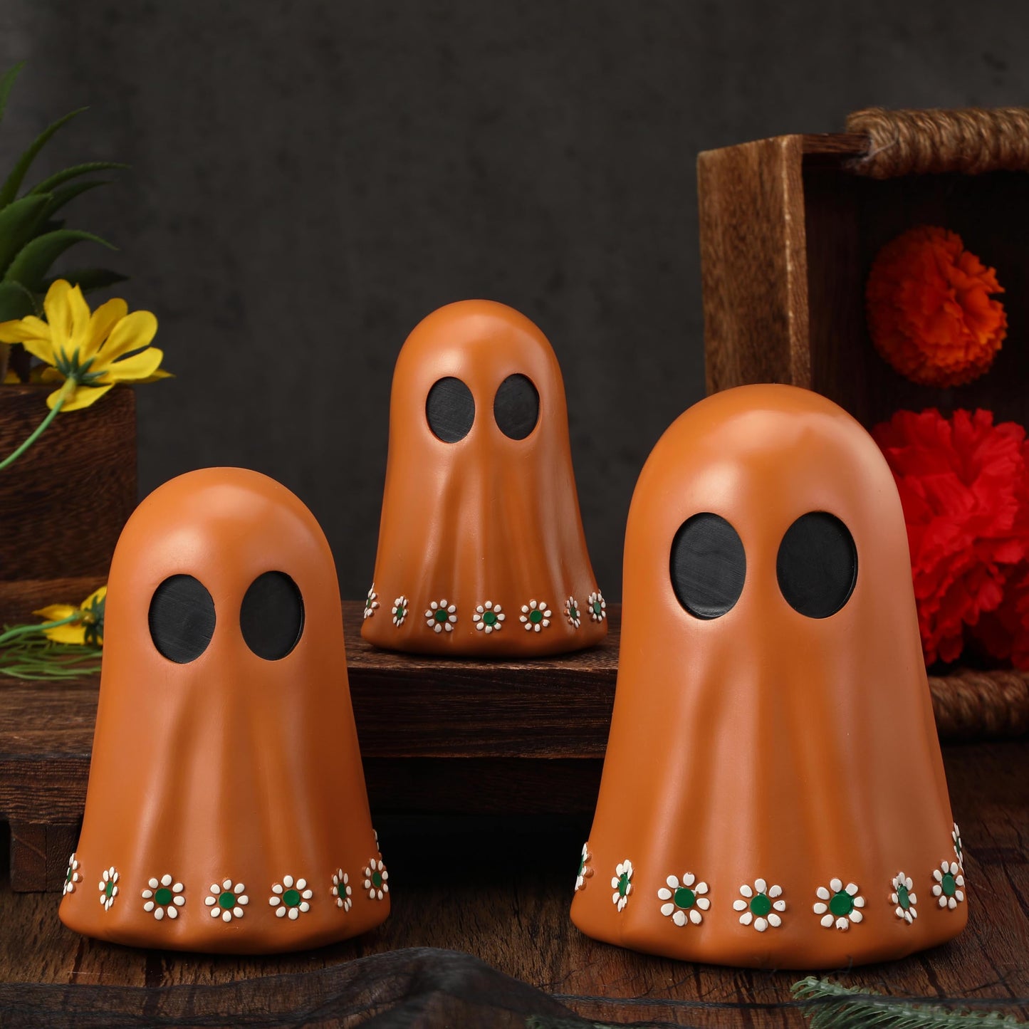 Tellingyou 3 Pcs Day of The Dead Resin Mexican Ghost Figurines Dia De Los Muertos Ghost Statue Terracotta Floral Tiered Tray Decor Table Centerpiece Halloween Home Desk Shelf Mantel Decoration Gifts