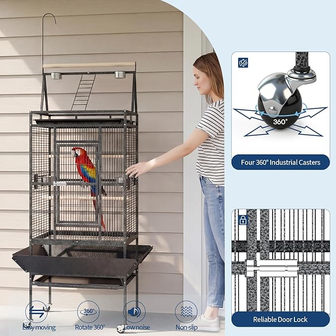 Extra Large 82" Parrot Cage with Play Top – Heavy Duty Wrought Iron Aviary, Rolling Stand, Secure Lock, Easy-Clean Removable Tray, Rope Perch – Spacious Bird Enclosure for Large Birds
