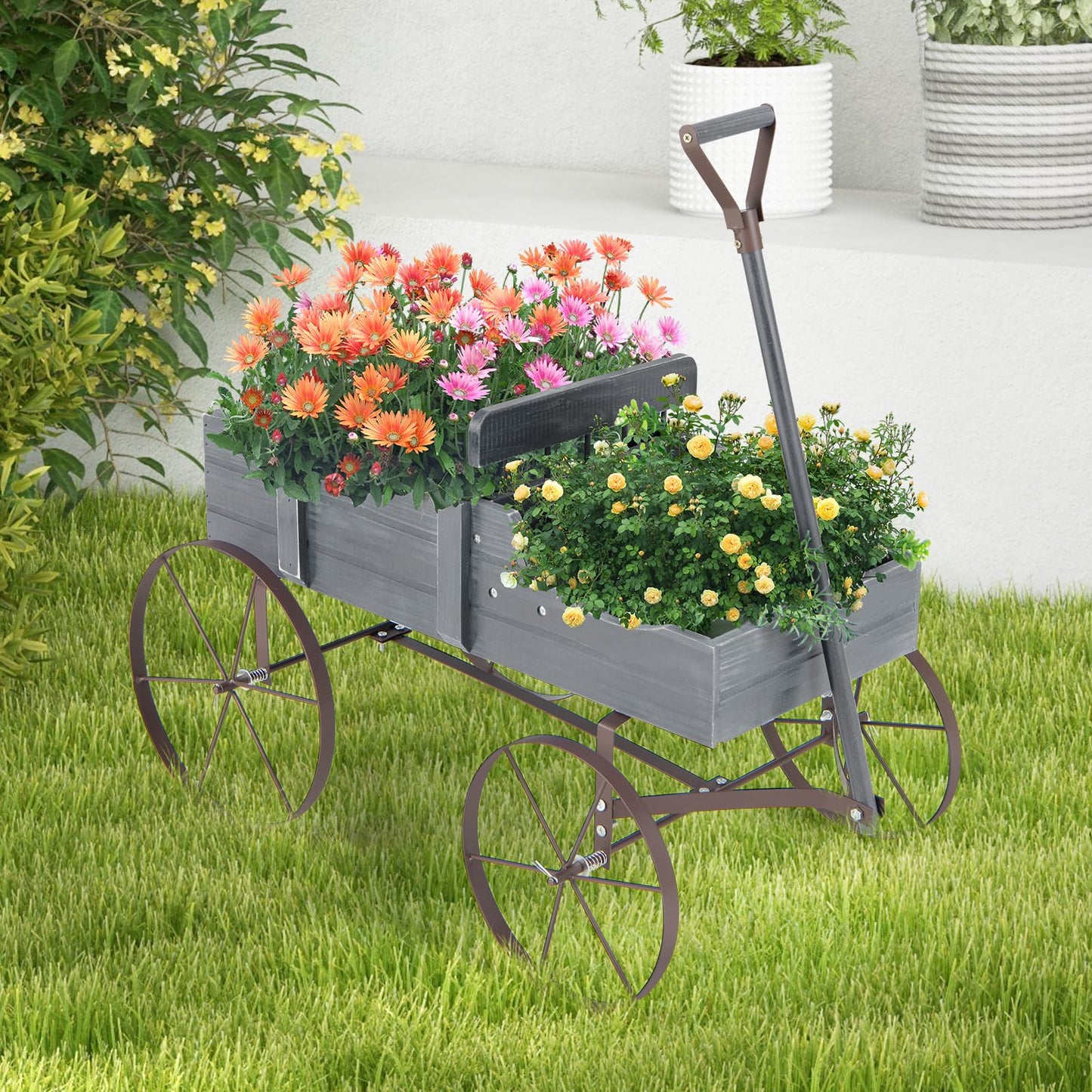 Giantex Decorative Garden Planter, Small Wagon Cart with Metal Wheels, Wood Raised Beds Plant Pot Stand for Backyard Garden Patio 24.5”Lx13.5”Wx24”H (Gray)