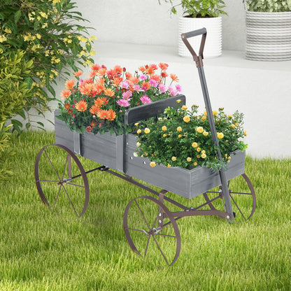 Giantex Decorative Garden Planter, Small Wagon Cart with Metal Wheels, Wood Raised Beds Plant Pot Stand for Backyard Garden Patio 24.5”Lx13.5”Wx24”H (Gray)