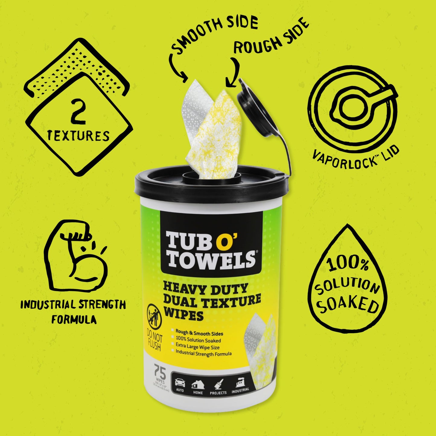 Tub O’ Towels TW75 Heavy-Duty 10" x 12" Size Multi-Surface Cleaning Wipes, Dual Texture, 75 Count Per Canister