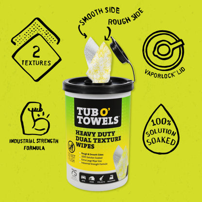 Tub O’ Towels TW75 Heavy-Duty 10" x 12" Size Multi-Surface Cleaning Wipes, Dual Texture, 75 Count Per Canister