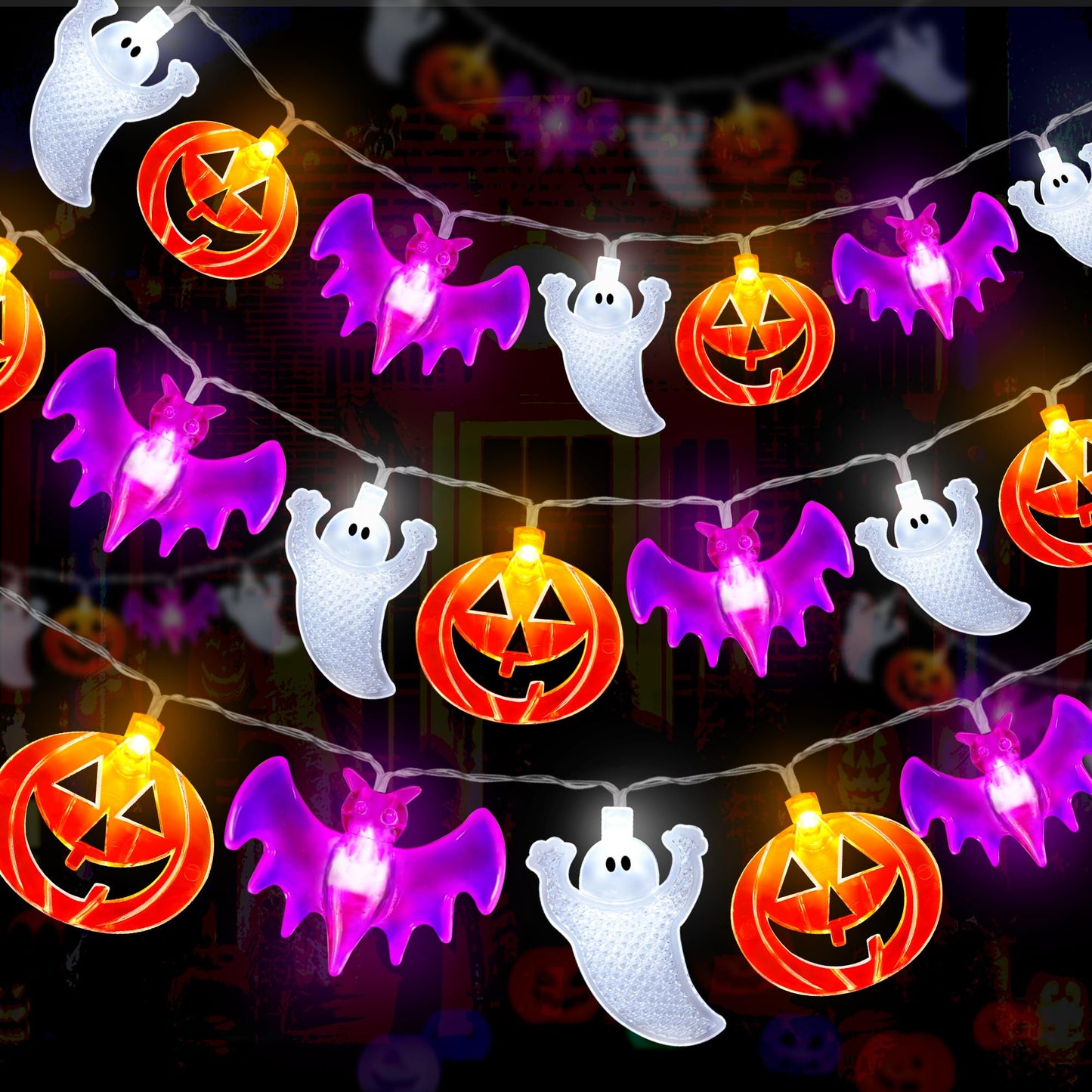 2 Pack Halloween Lights Indoor Outdoor Decorations Total 40FT 60 LED Pumpkin Bat Ghost Halloween String Lights Battery Operated, 8 Modes Waterproof Spooky Fairy Lights Home Yard Window Outside Decor