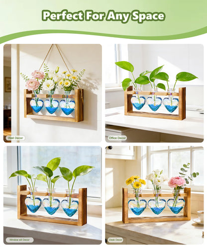 Nacome Plant Terrarium Propagation Stations: Mothers Day Gifts for Mom Plant Lovers Women Wife Daughter - 3 Bulb Glass Vase with Wooden Stand Tabletop for Hydroponics Home Garden Decor(Iridescent)