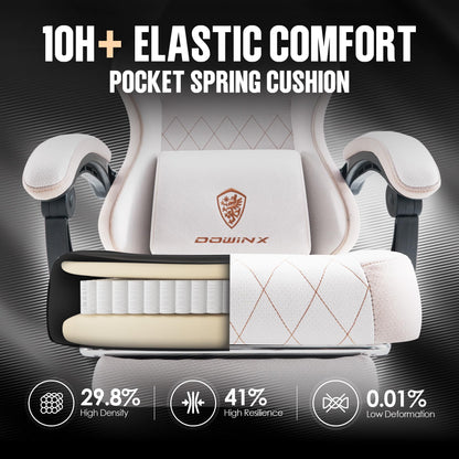Dowinx Gaming Chair Fabric with Pocket Spring Cushion, High Back Ergonomic Computer Chair with Footrest for Adults, Massage Lumbar Support Swivel Game Chair for Office Gaming 300LBS, Beige