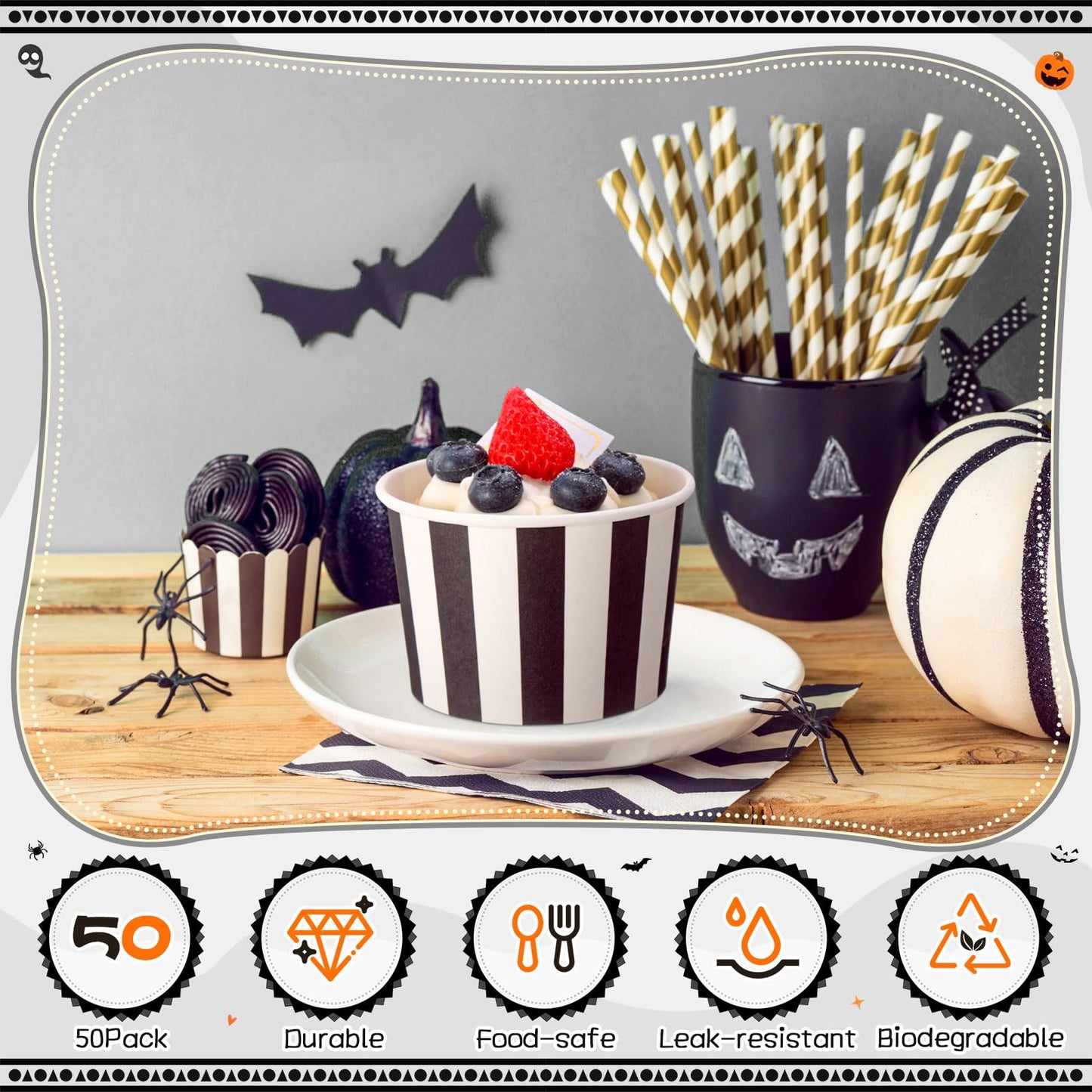 Potchen 50 Pack 9 oz Disposable Paper Bowls Fiesta Paper Soup Bowls Snack Cups Plates Wedding Birthday Party Supplies for Summer Ice Cream Taco Dessert Hot or Cold Food Holiday(Black and White Stripe)