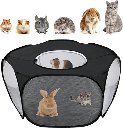 Rypet Collapsible Small Animal Cage Tent, Breathable Fabric Guinea Pig Playpen with Cover, Transparent Hamster Playpen Portable Pet Yard Exercise Fence for Reptile Rabbit Chinchilla Hedgehog(Black)