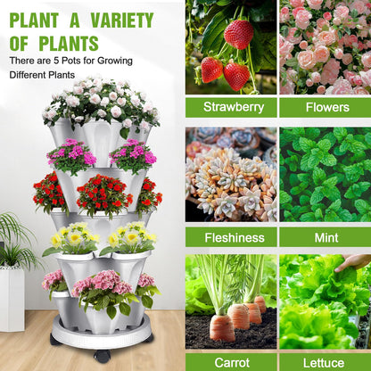 Bociks Vertical Strawberry Planter 5 Tier Stackable Tower Herb Planters-Stacking Garden Outdoor Planter Pot With Tools Mover For Succulents, Vegetables and Flowers