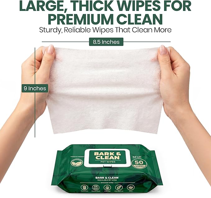 Bark & Clean Dog Wipes for Paws and Butt, 50 Count Large 8.5" x 9" Hypoallergenic Bamboo Pet Wipes Compostable Puppy Wipes with Lavender for Dogs Body Face - Deodorizing Grooming Wipes