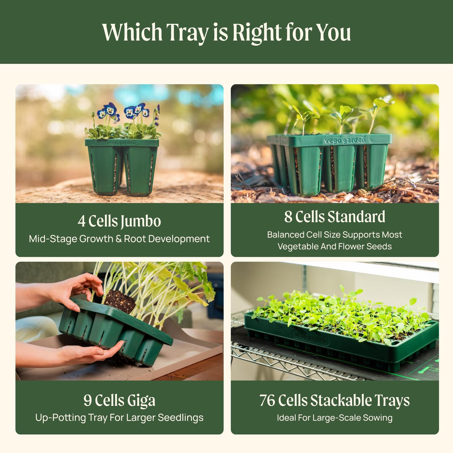 Vego garden 10" x 20" 76 Cells Seed Starter Tray Stackable Seedling Starting Germination Trays for Plants Planting Vegetables Herbs Flowers