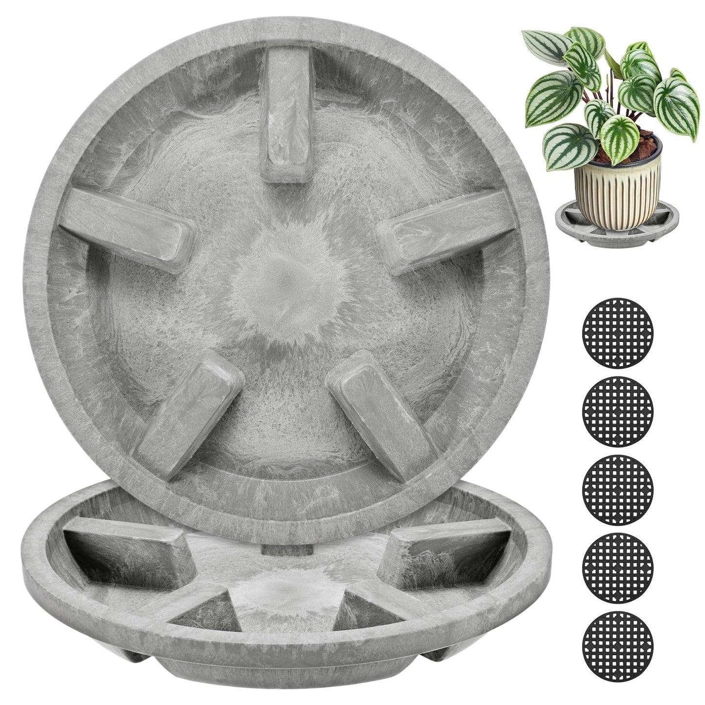 M METERXITY 2-Pack Plant Saucer, 6.3 Inch/16 cm Plastic Plant Trays Thicker for Pots/Indoor/Outdoor/Water Drainage and Protection, Flowerpot Drip Tray [Yellow Veins]