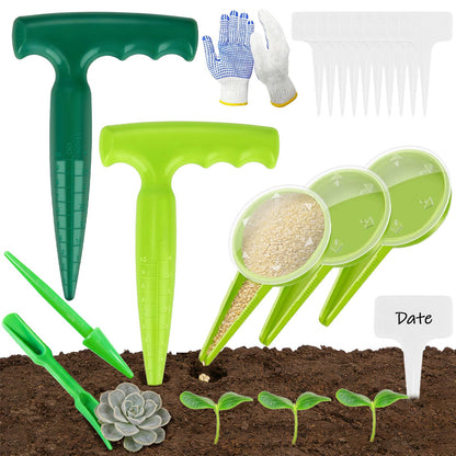 DRAINJH Mini Seed Spreader, 19 Pcs Seed Planter Tool Dispenser for Small Seeds, Hand Seeder Spreader with Plant Labels, Ergonomic Plastic Dibber Garden Tool and Gloves for Lawns