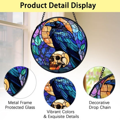 TNUW Black Raven Halloween Stained Glass Window Hanging, Gothic Skull Black Crow Sun Catchers Indoor Window Glass Round Wall Art Decor, Halloween Wall Hanging Decorations, 7.9＂x7.9＂