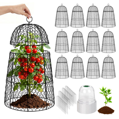 12 Pack XL Metal Garden Cloches for Plants, 17" Height Rustproof Chicken Wire Cloches for Seedlings, Vegetables & Flowers, Plant Protectors from Animals Includes 12 Humidity Domes & 48 Stakes - Black