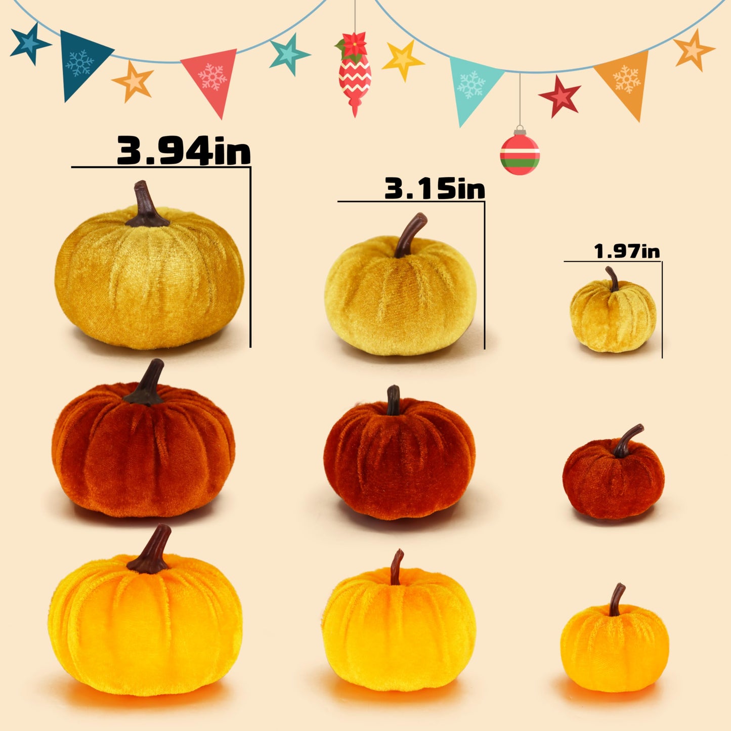 FAFVBING 12 Faux Flocked Pumpkins, Perfect for Fall Harvest, Halloween, or Thanksgiving Table Centerpieces(12, Orange, Yellow, and Crimson)