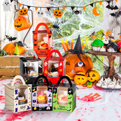 Qeeenar 60 Pieces Halloween Cupcake Boxes Halloween Individual Carriers Party Boxes with Clear Window for Cupcake Candies Gifts Wrap Dessert Table Decoration