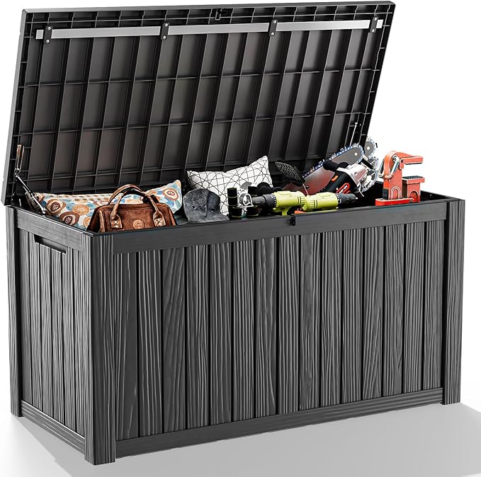 ROJIK Outdoor Storage Housing Deck Box - Waterproof Patio Furniture, Garden Tools, Cushions, Pool Accessories Storage Bench with Lockable Lid and Side Handles (Black 158 Gal)