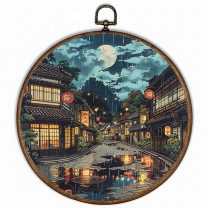 365CUSGIFTS Japanese Tokyo Round Wall Art Decor, Wall Art Hanging Decor, Fall Halloween Wall Art, Framed Canvas Artwork for Home Living Room, 10x10in, Gift Idea for Friend