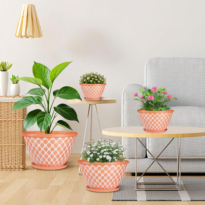 Nooulap 6 Pack 8 Inch Plant Pot, Flower Pots for Indoor Outdoor, Durable Decorative Planters for House Garden Plants Herbs Flowers Succulents, Orange and White Checkered Design