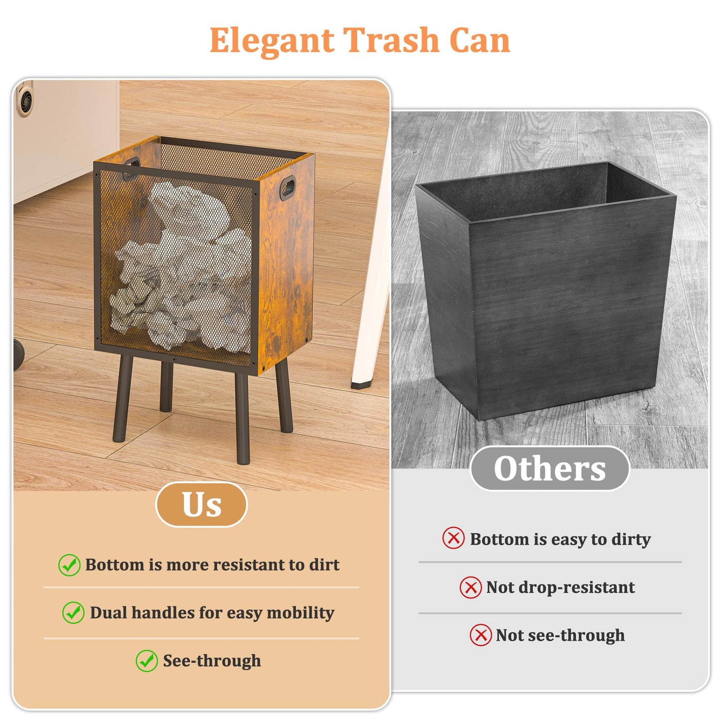 Yuyetuyo 4.5 Gallon Office Trash Can for Near Desk, Wood Bedroom Trashcan Rectangular Wastebasket with Mesh - Handles - Leg, Small Garbage Can Trash Bin for Office Bedroom Living Room Bathroom Dorm