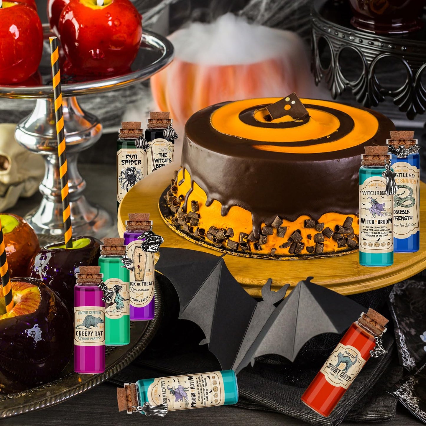 ZAUGONTW 91 Pcs Halloween Potion Bottle Set, 30 Potion Bottles with Cork Stoppers, Stickers, 30 Charms Pendants and 1 Piece String for Halloween Tiered Tray Decorations, Indoor Party Supplies