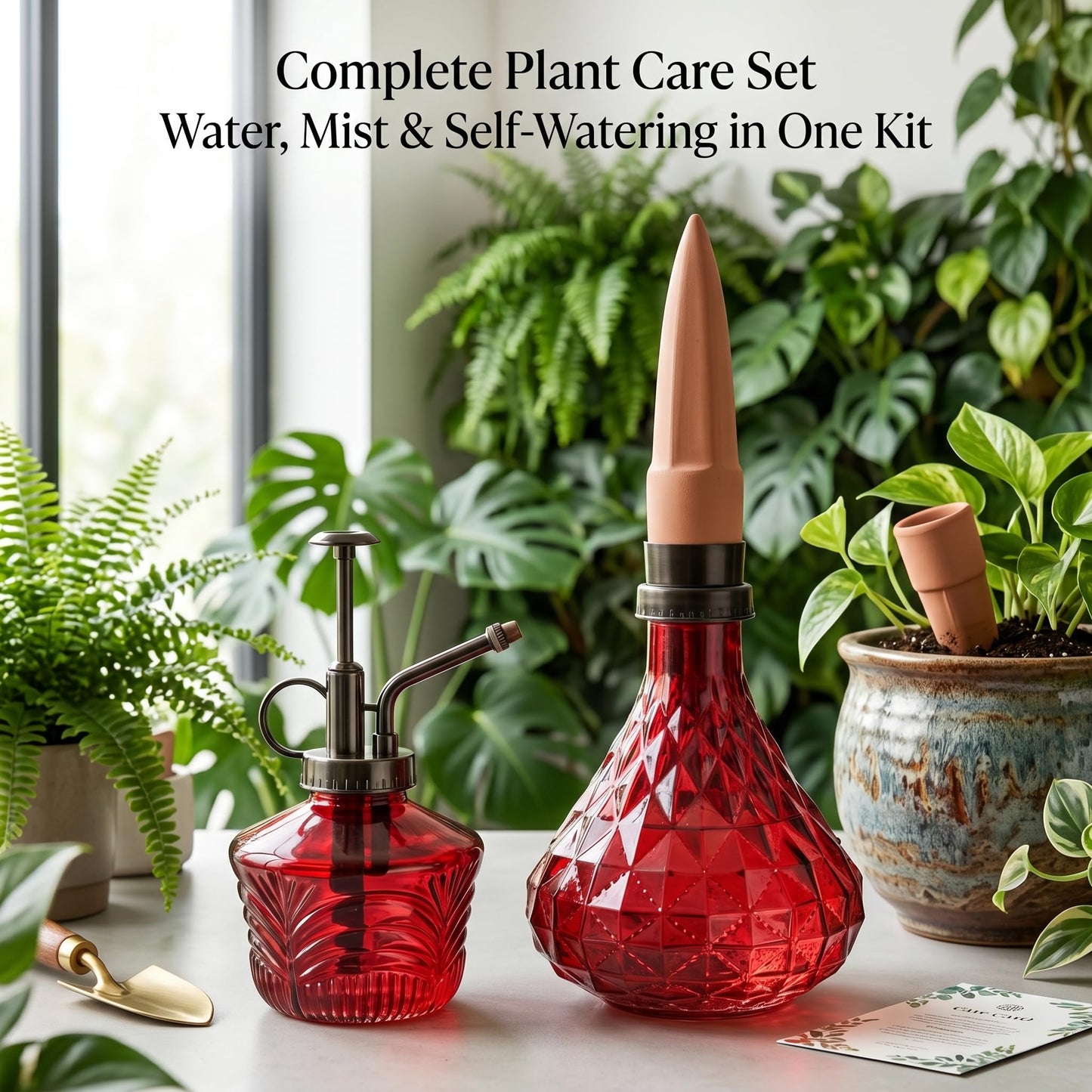 Glass Mini Watering Can Vintage Plant Mister Flower Water Spray Bottle and Faceted Glass Plant Watering Globe with Terracotta Spike,Red