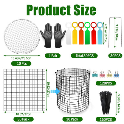 AHIER 10 PCS Chicken Wire Plant Protector from Animals with Covers, Plant Cages for Outdoor Plants to Keep Animals Out Including 30pcs Metal Mesh, Covers, Ground Stakes, Labels, Clip, Ties and Gloves