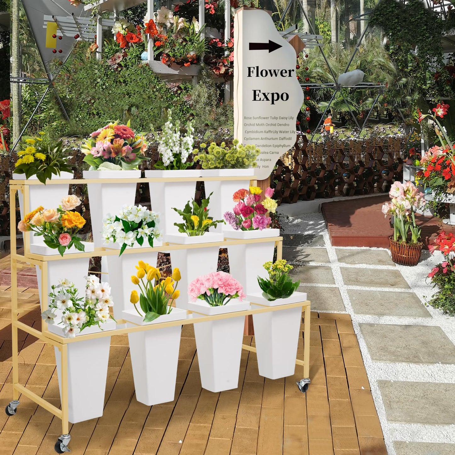 Flower Display Stands with Buckets, 3-Tier Rolling Plant Stand with Locking Wheels - Heavy Duty Metal Flower Cart for Indoor/Outdoor Use, Wedding Decor & Florist Displays (Holds 12 Pots) (Gold)