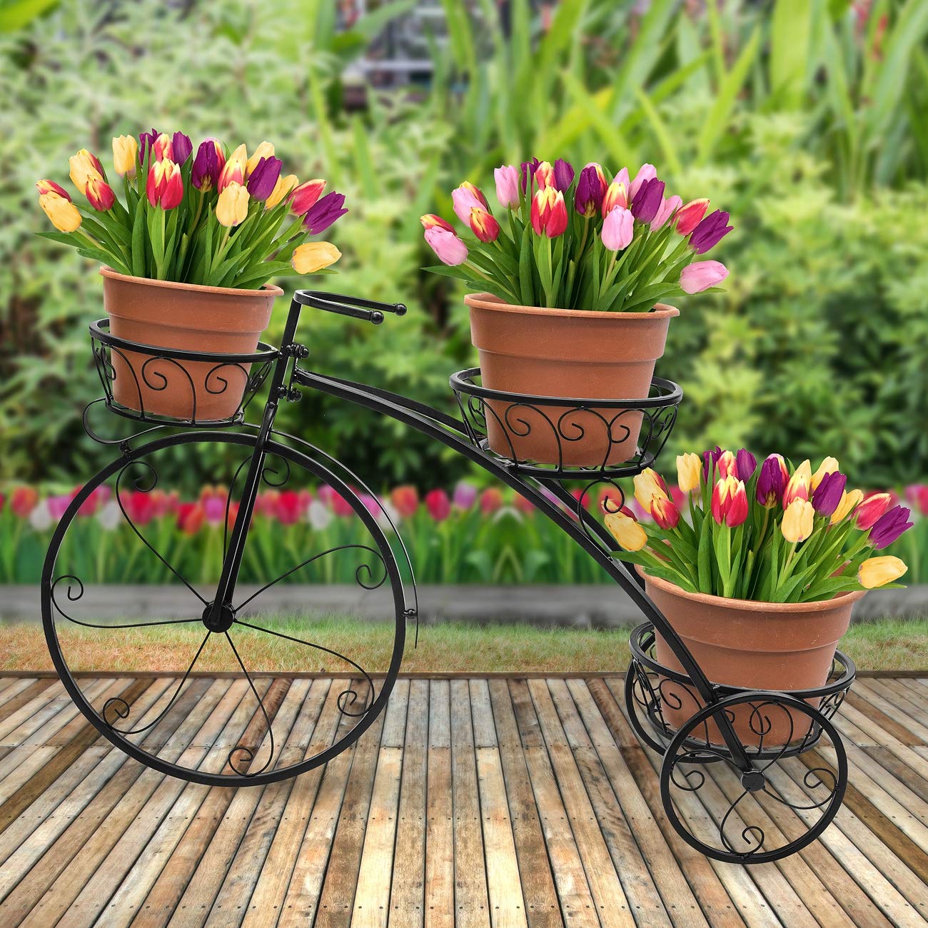 Tricycle Plant Stand - Flower Pot Cart Holder Parisian Style (Black) Black Modern Contemporary Round Metal